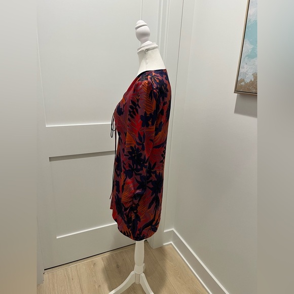 Zara Front Tie Ruched Sleeves Mini Floral Dress Red Purple satin effect Small - Picture 8 of 12